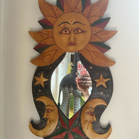 Vintage Sun & Moon Celestial Wooden Mirror with Stars Handpainted 23"X11.5" - Picture 11 of 16
